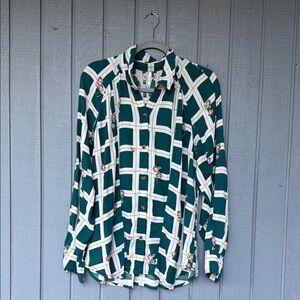 Free People Green and White Button Down Shirt